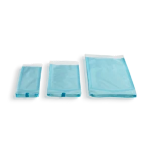 Euronda Self adhesive sterilization pouches made of heavy weight (60g/m2) white medical paper coupled with a light blue polyethylene/polypropylene layer.